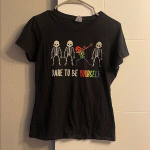 Black Graphic Tee with Skeletons and Colorful Text